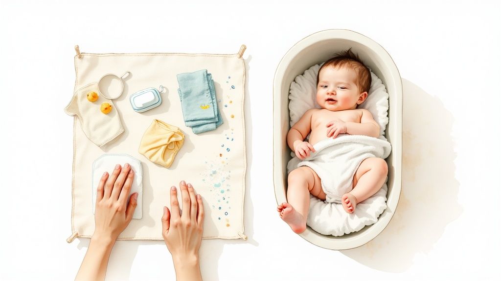 Adorable baby in a warm bath next to hands preparing bath essentials on a soft mat.