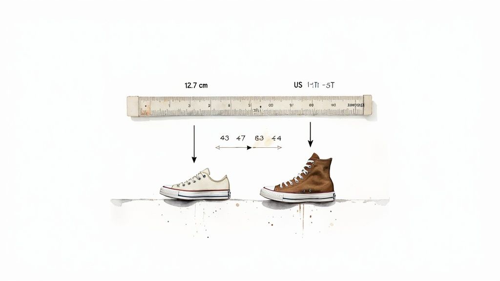 Converse shoe sizing guide showing ruler measurement and low-top versus high-top sneaker styles