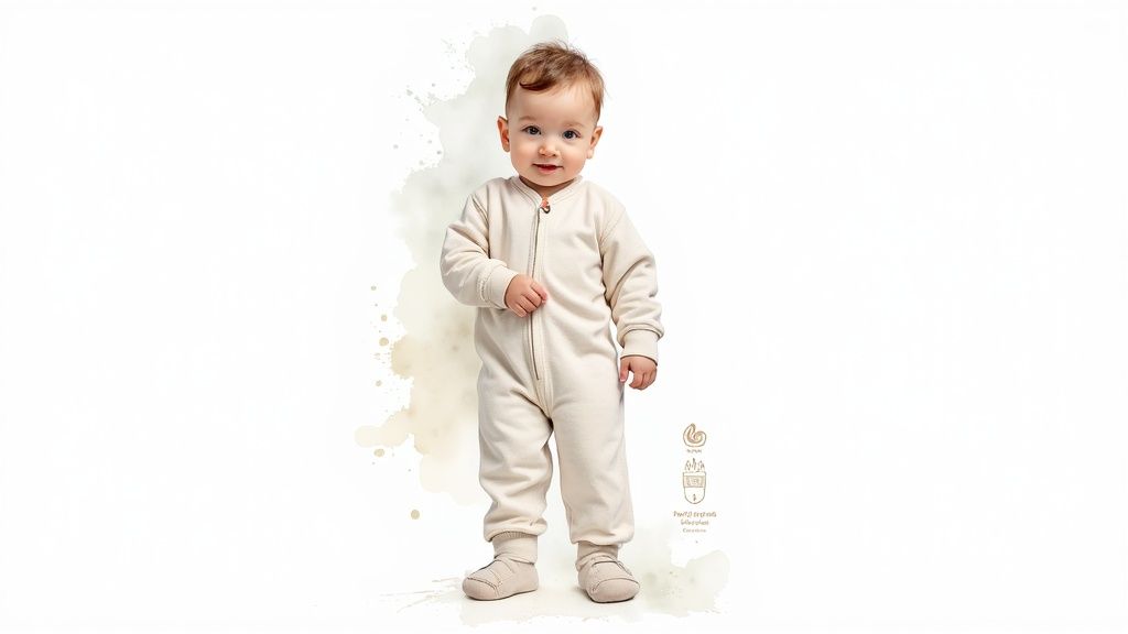 A cute baby stands in light-colored, full-body footed pajamas with a zipper, smiling at the camera.