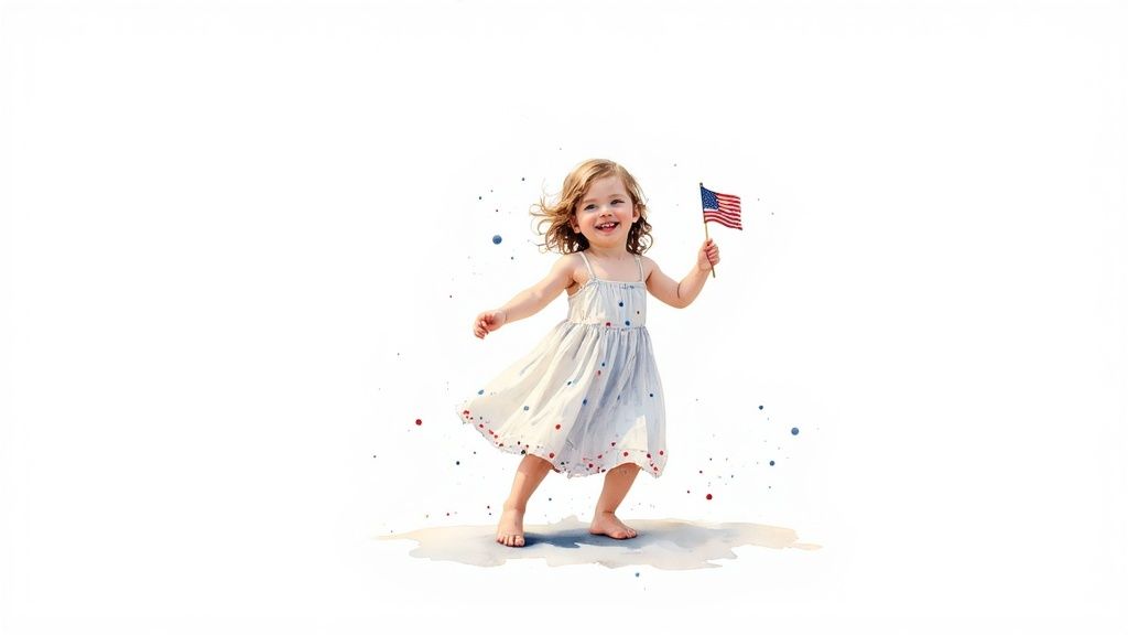 Cheerful toddler girl in a white dress with colorful dots, holding a small American flag.