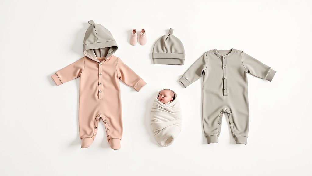 Flat lay of pink and grey baby rompers with hats, booties, and a swaddled sleeping baby.