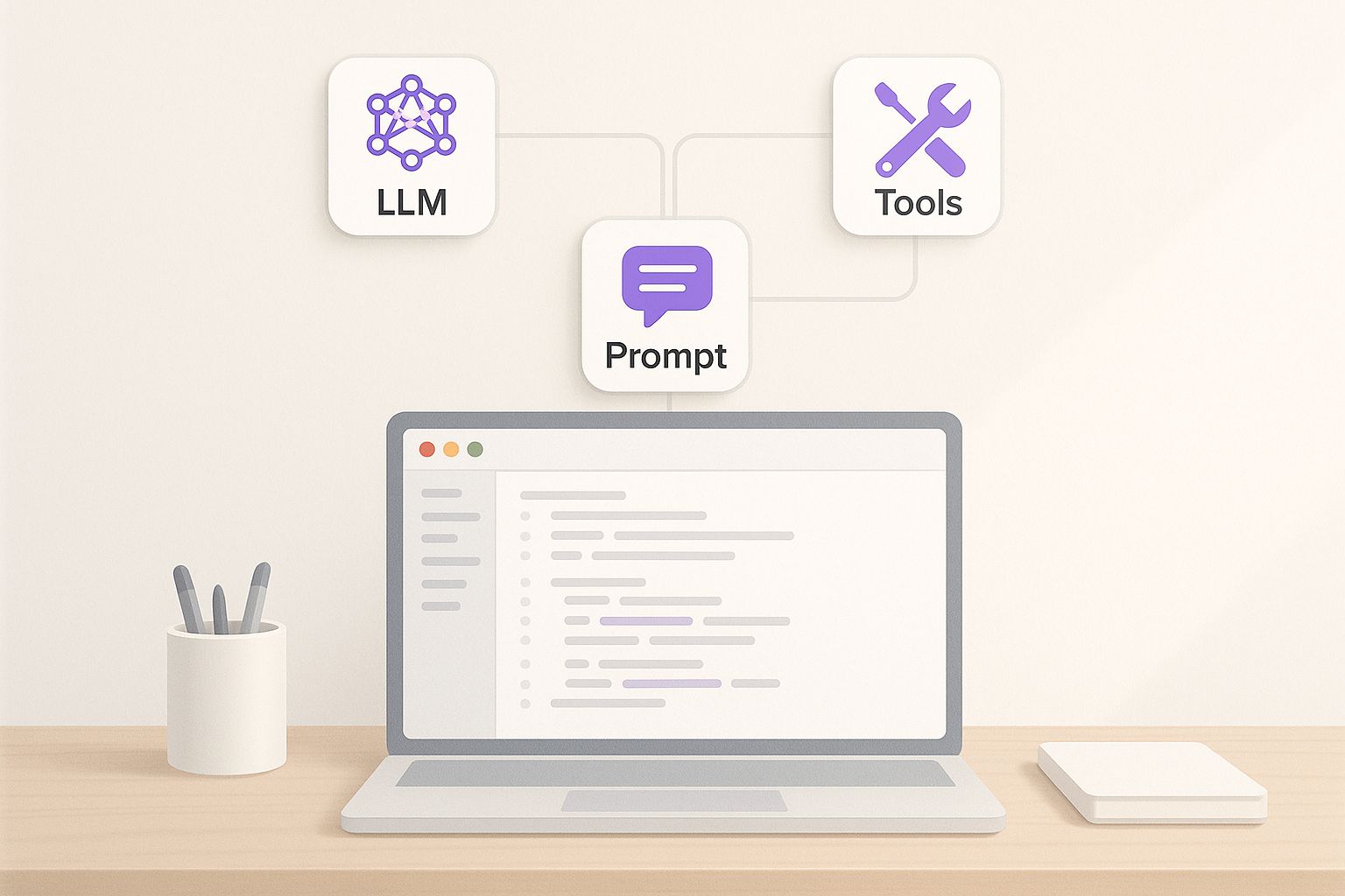 Infographic showing three icons for LLM, Tools, and Prompt connected by lines, illustrating the core components of Cloudflare Agents.