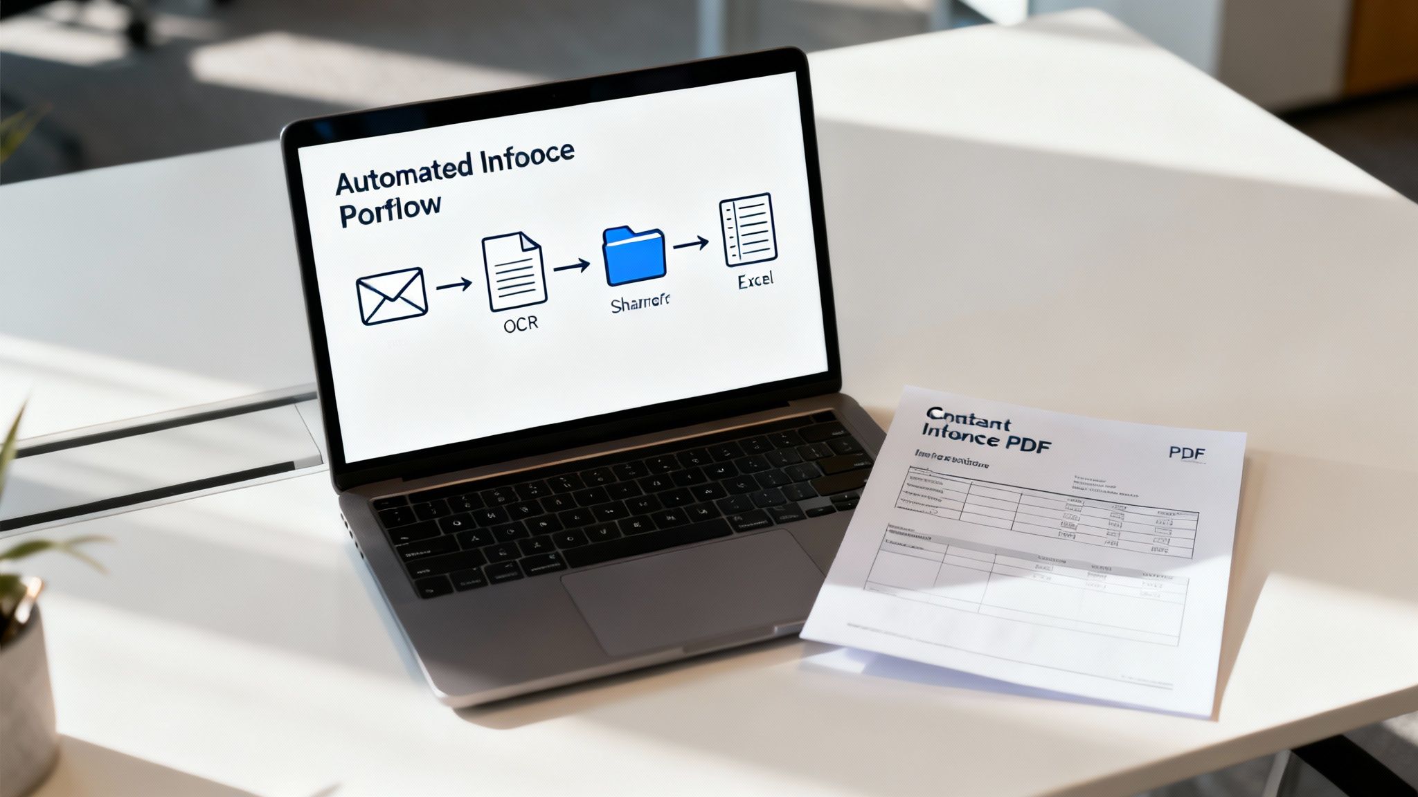 A team collaborates in a modern office, working on laptops and sharing ideas.