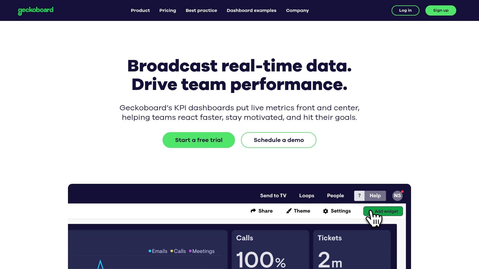 Geckoboard business dashboard example showing key company metrics like monthly recurring revenue, customer churn, and new signups.