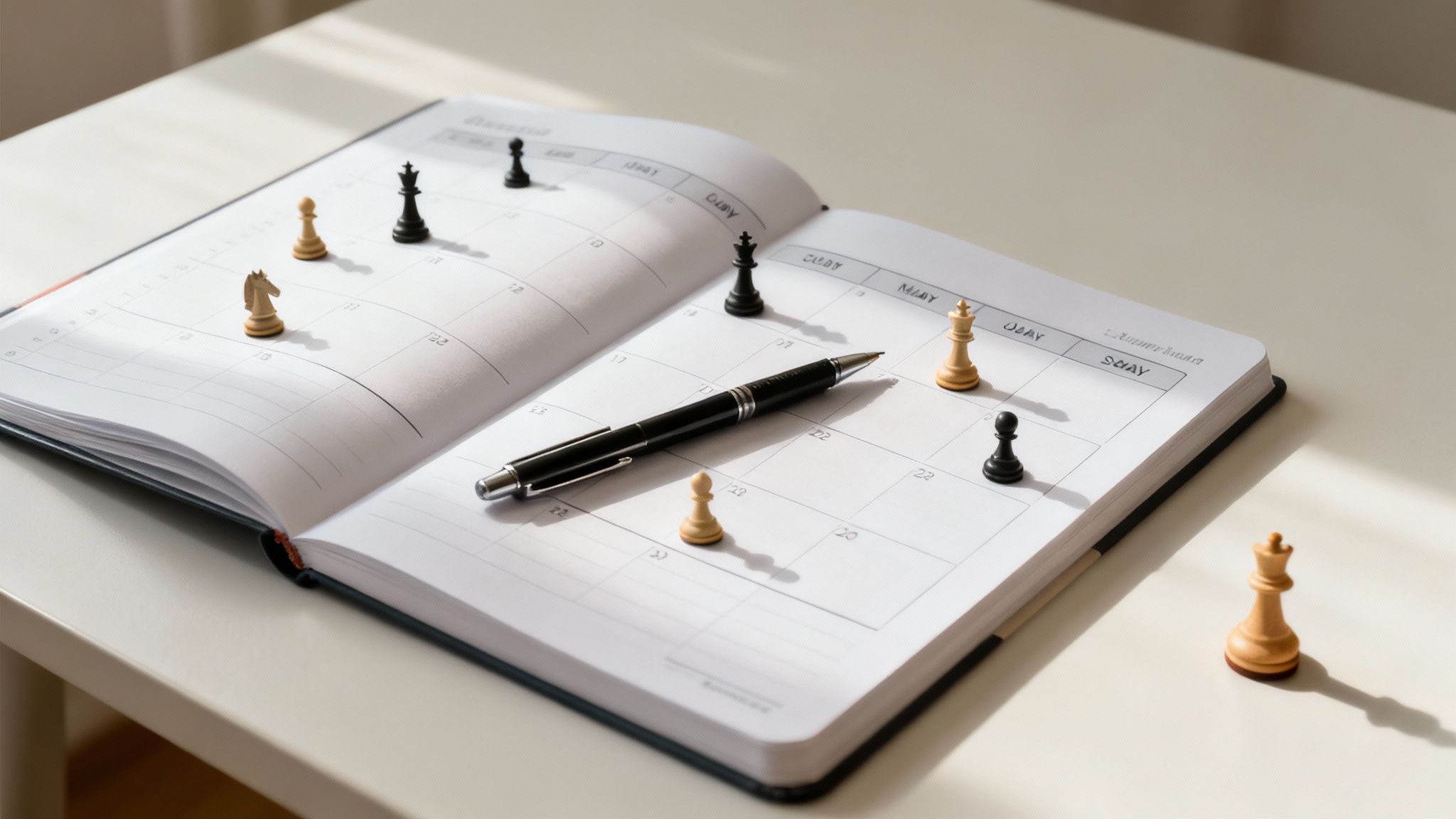 A person sitting at a desk with a laptop and a notebook, creating a plan.