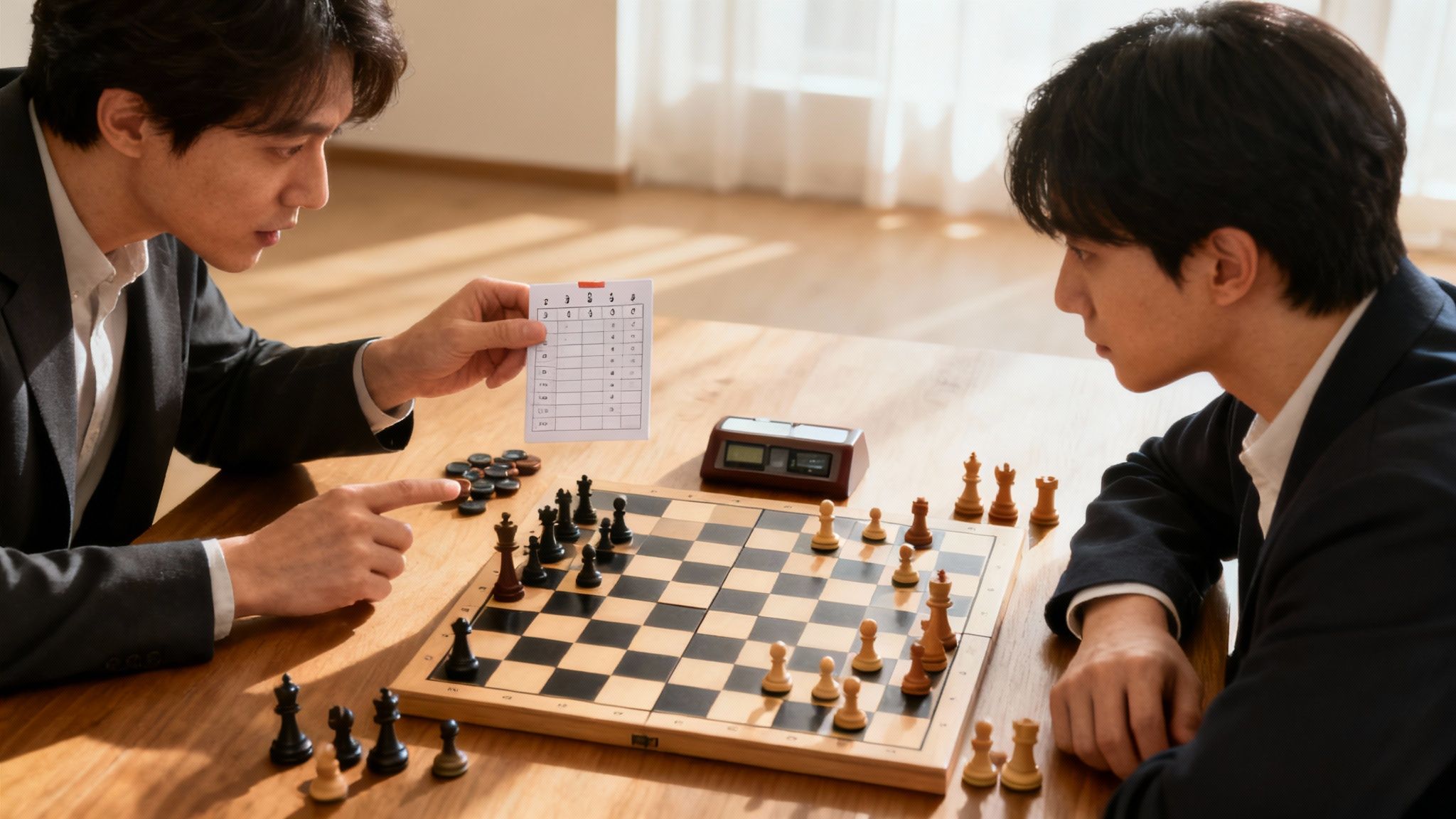 Two professional chess players analyzing game with scoresheet and chess clock during tournament match