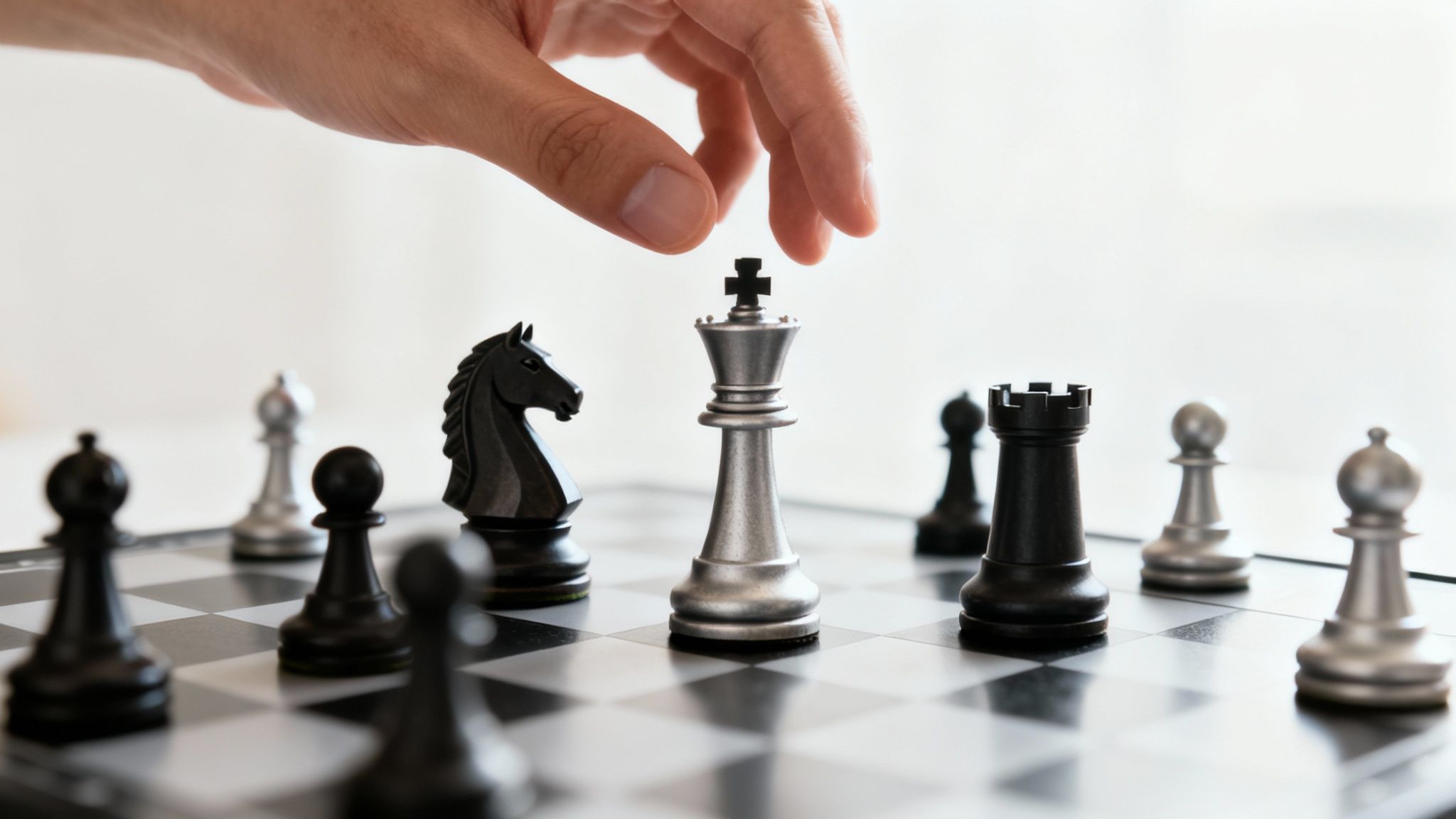 A person carefully considers their next move on a chessboard.