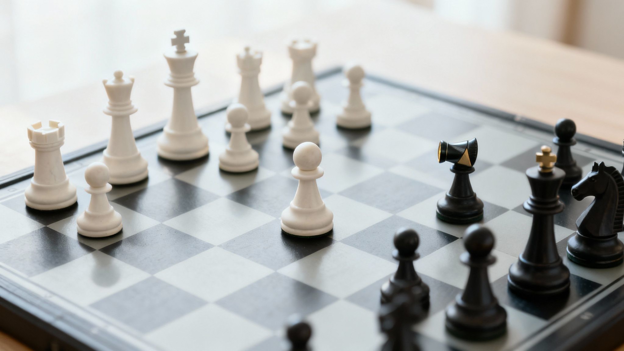 A chess board showing a middlegame position from an Italian Opening