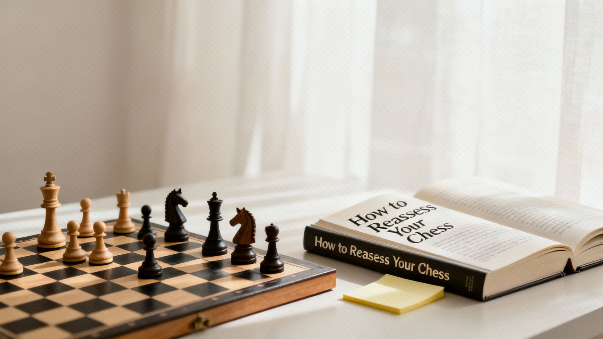 A wooden chess set on a dark table, with pieces arranged in a thoughtful position.