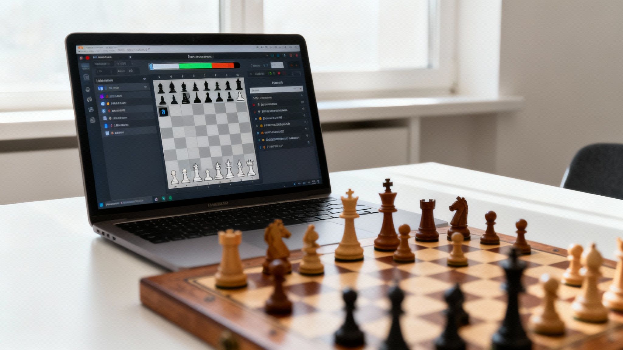 Laptop displaying online chess game interface with physical wooden chess pieces on board