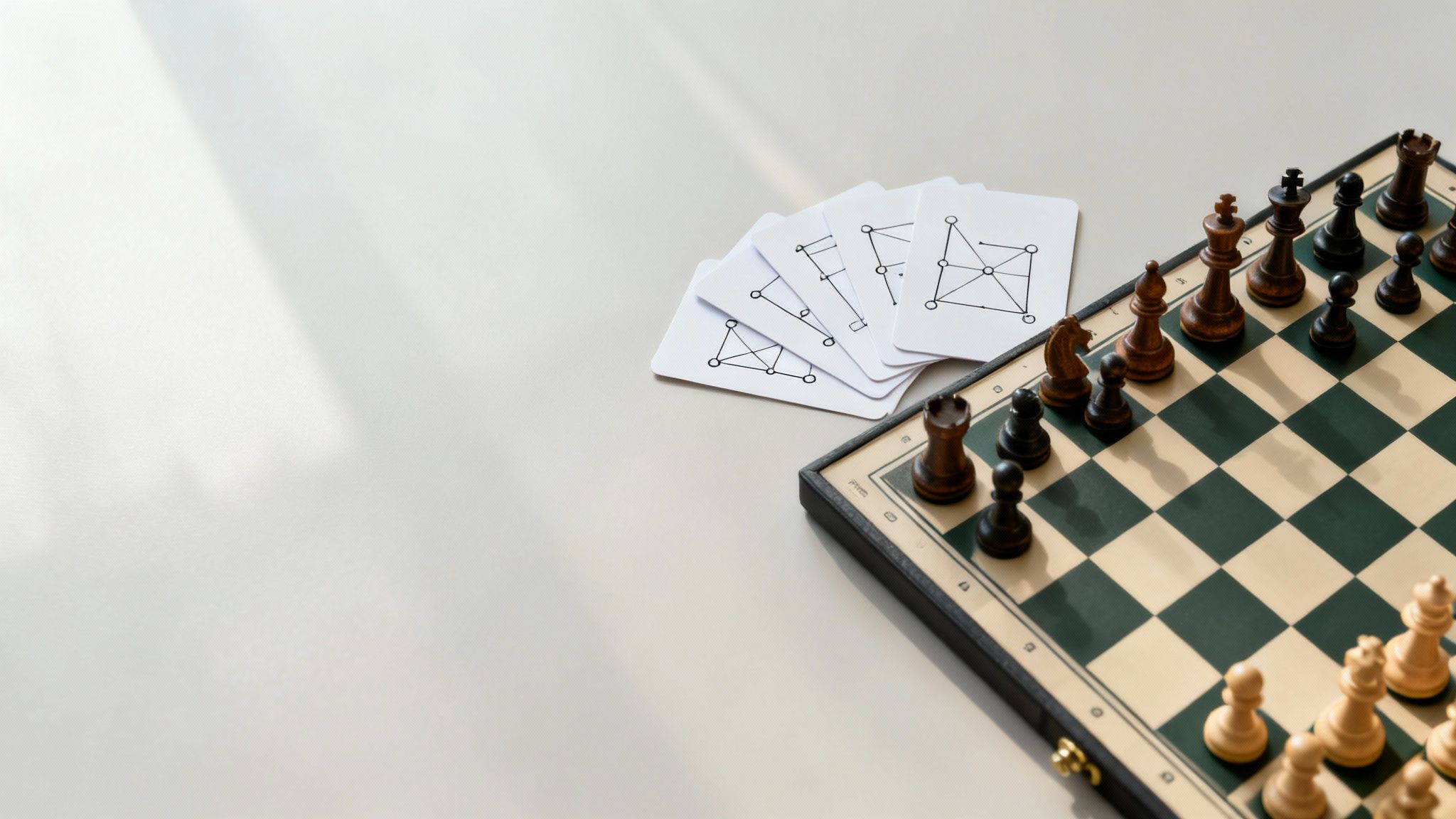 A thoughtful chess player studying a complex position on the board