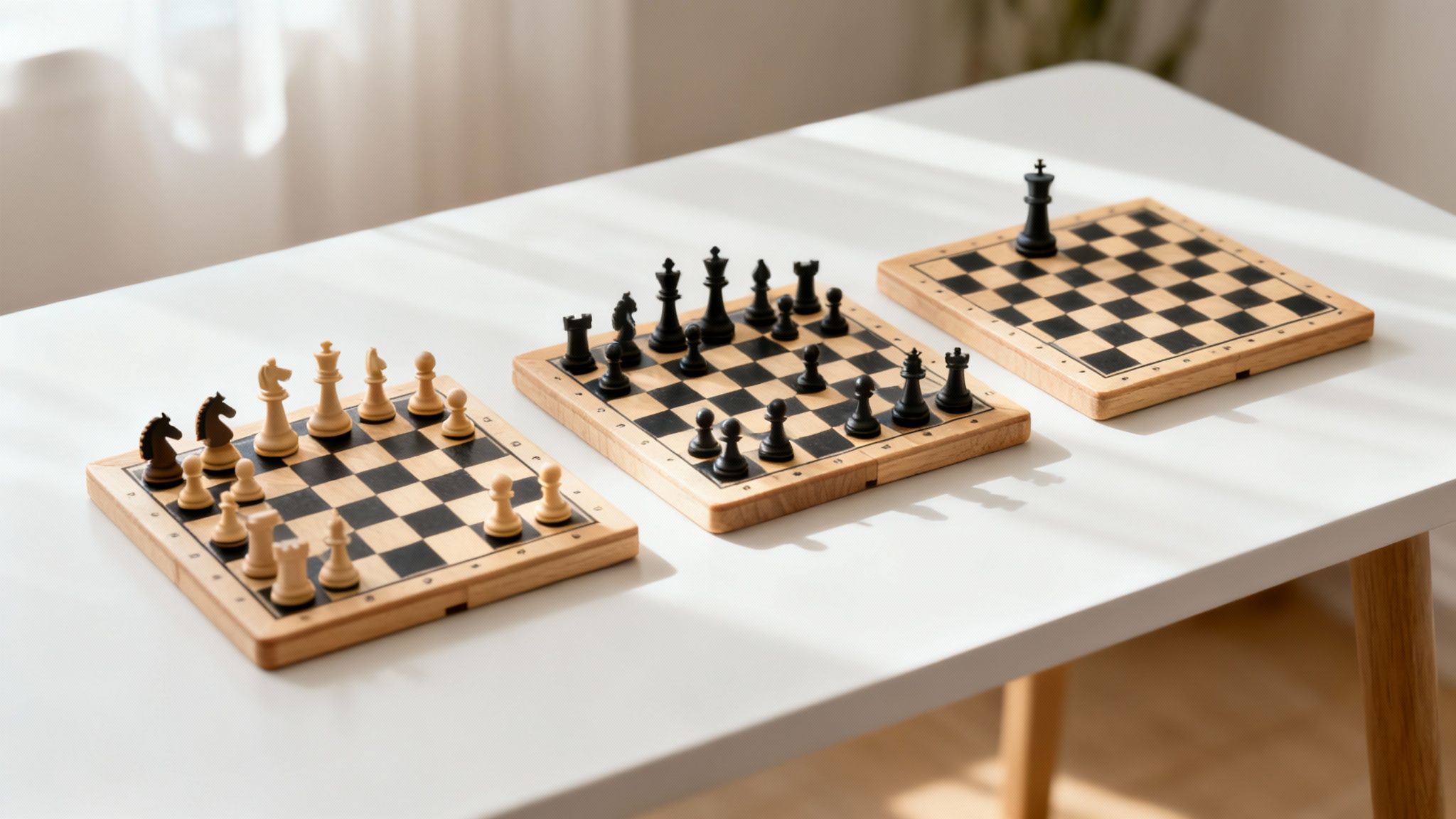 Three wooden chess boards with black and tan pieces arranged in different game positions