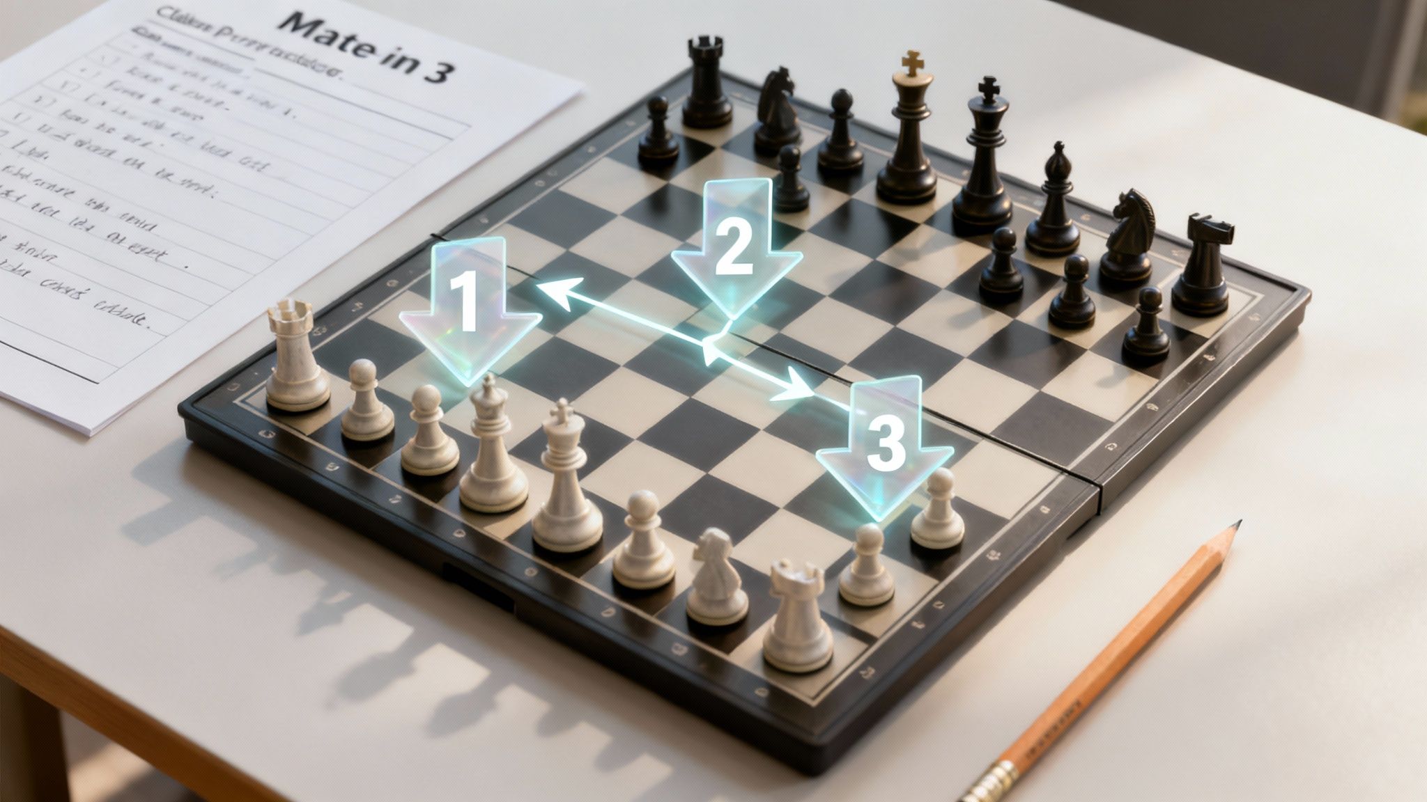 A chess board with a puzzle position