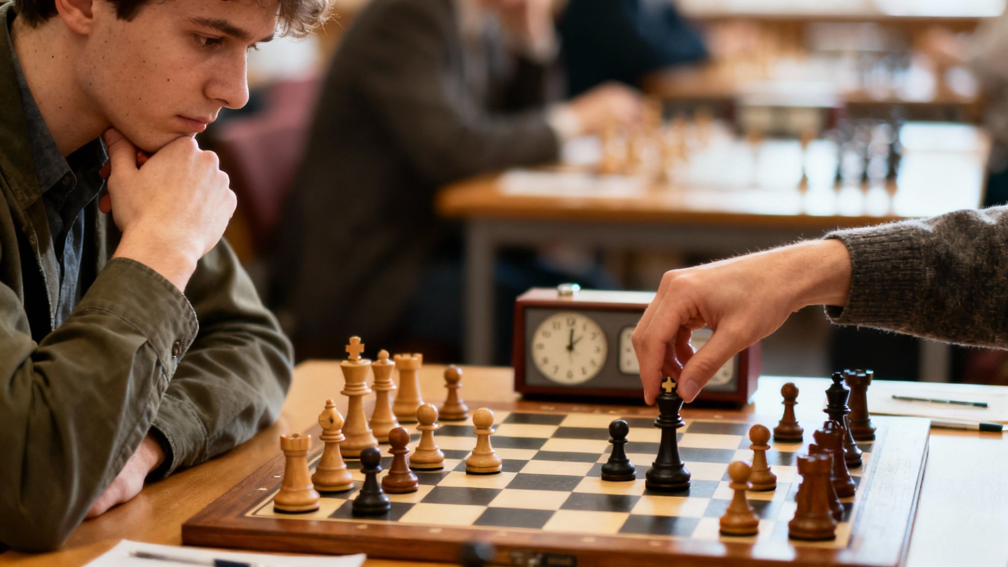A chess player making a move during a competitive game, showing intense focus