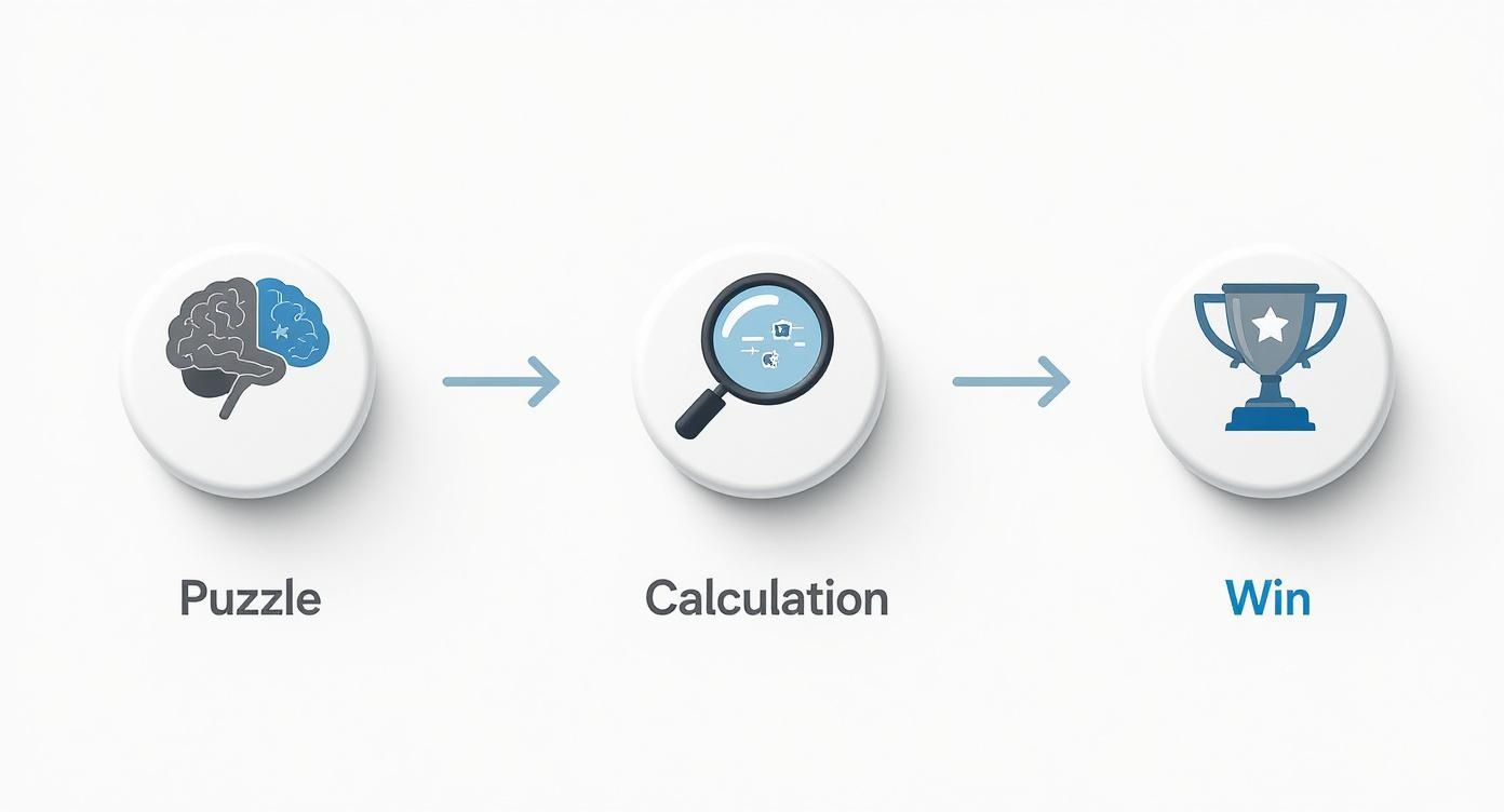 A visual process showing puzzle, calculation, and win icons linked by arrows, representing strategic problem-solving.