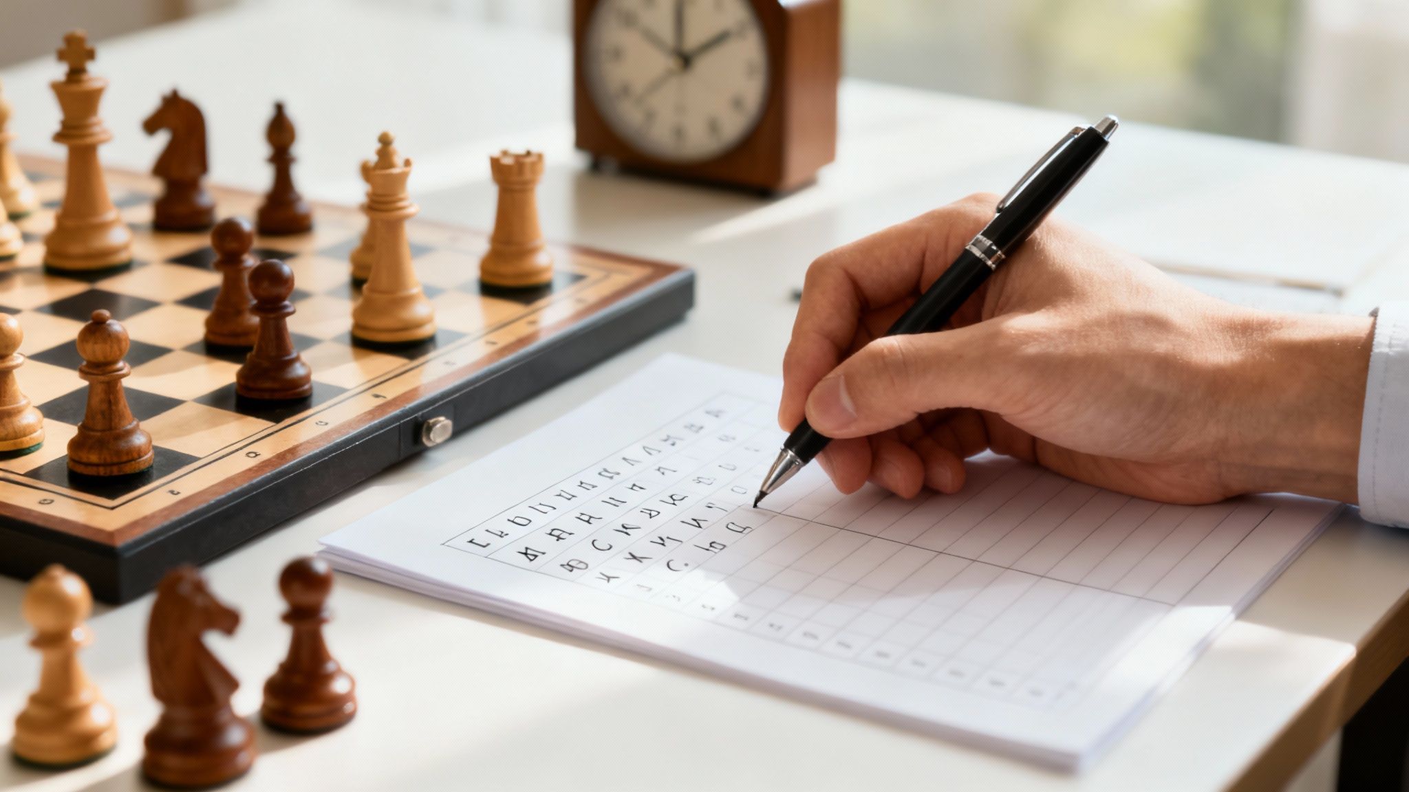 A person writing moves on a chess notation sheet during a game