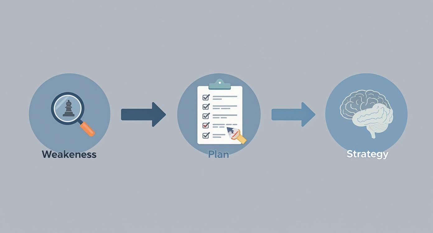 A three-step diagram shows 'Weakness' (magnifying glass, chess piece) leading to 'Plan' (checklist) and then 'Strategy' (brain).