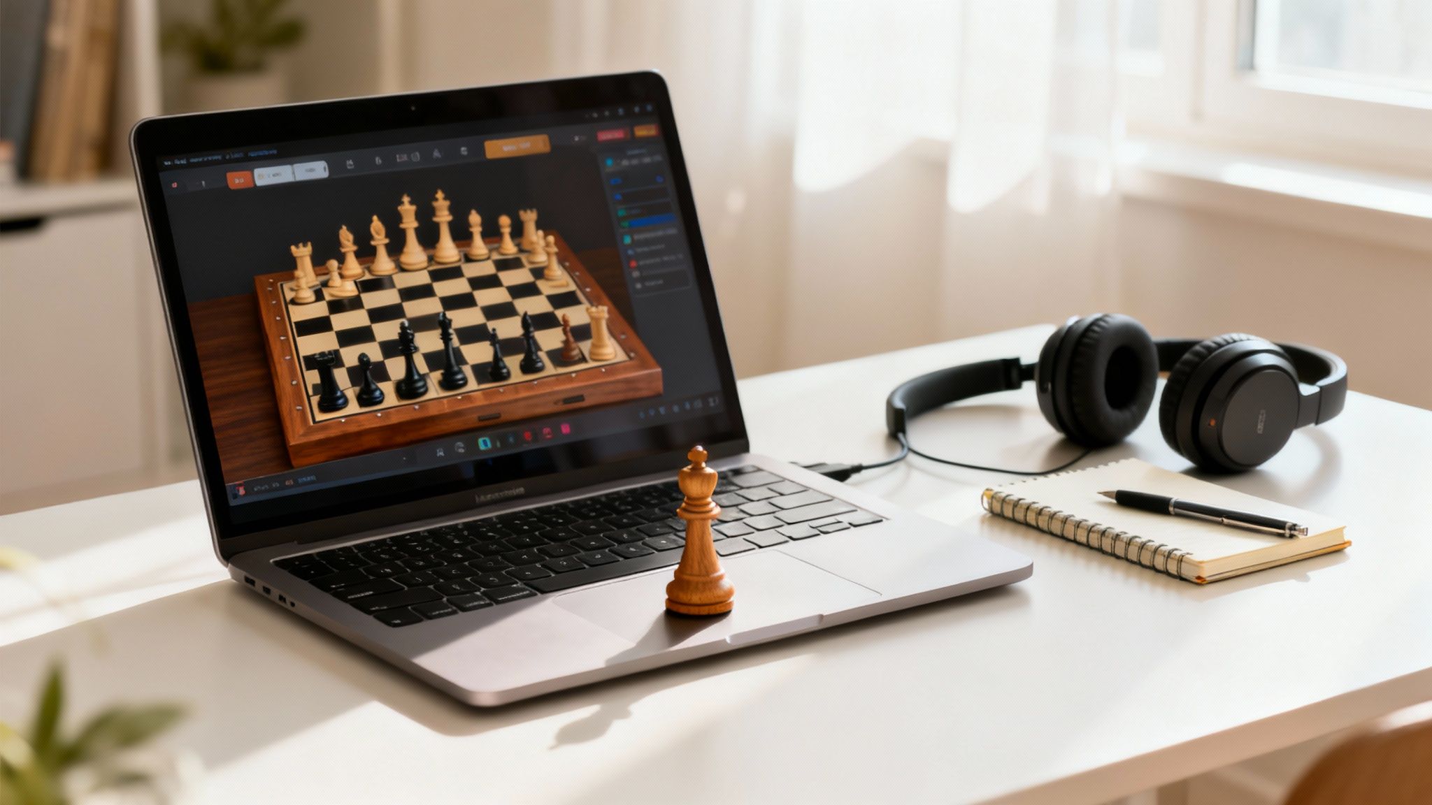 A laptop displays an online chess game with a wooden king piece, headphones, and notebook on a desk.