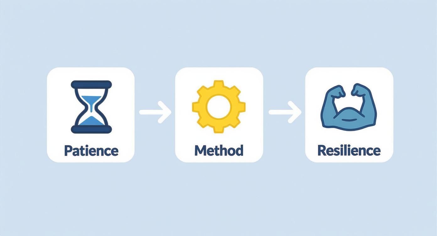 Three connected icons showing patience with hourglass, method with gear, and resilience with flexed arm muscles
