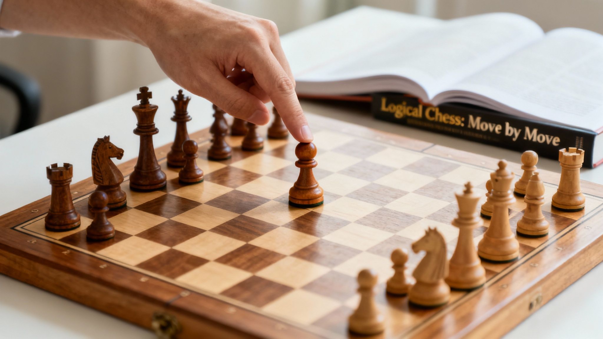 A wooden chessboard with pieces set up for a game, viewed from a player's perspective.