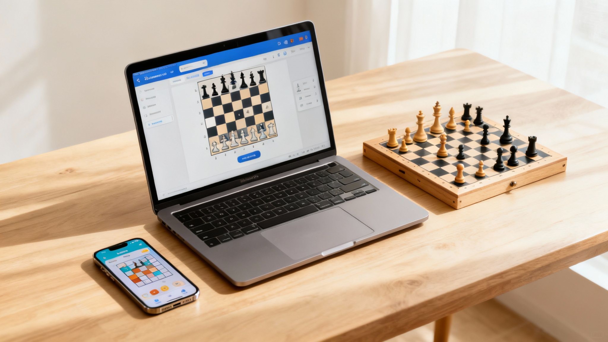 A stack of chess books next to a wooden chessboard in an Indian setting.
