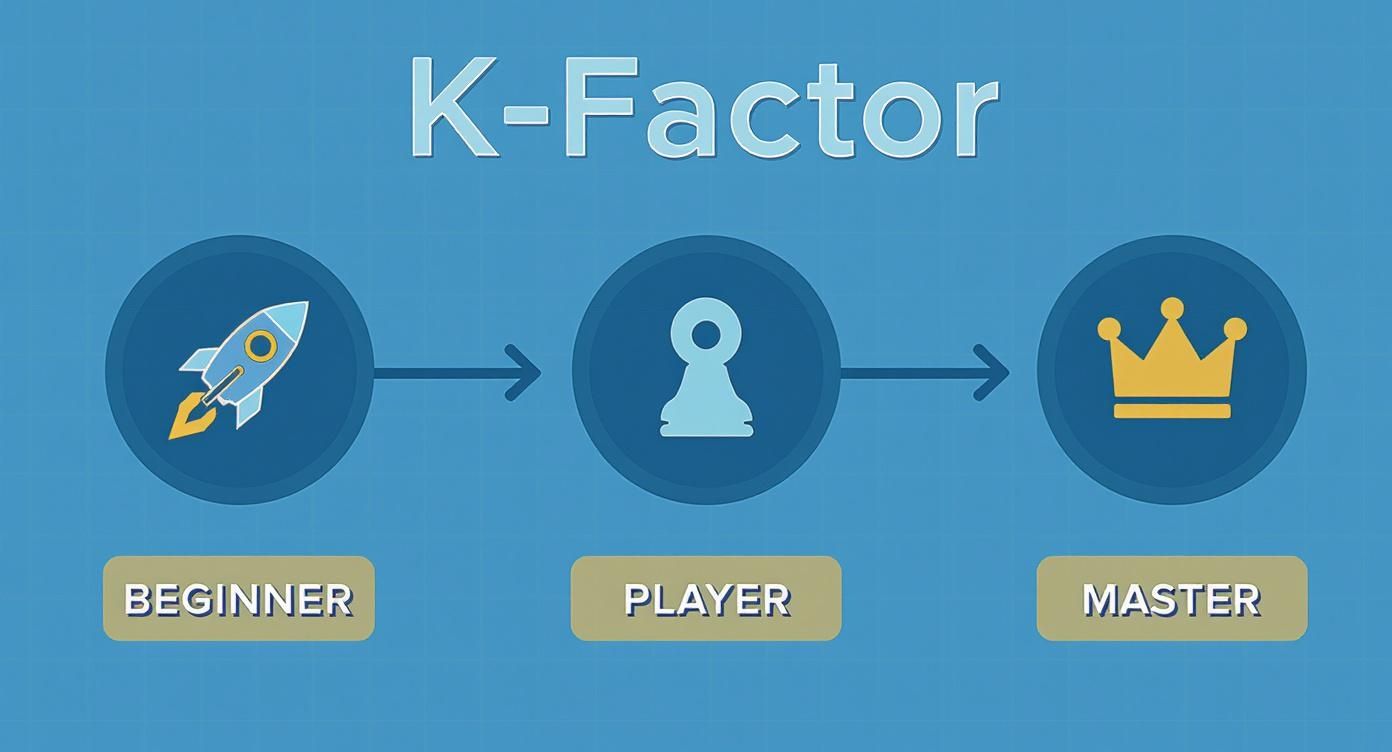 An infographic showing the progression of FIDE K-factors from K=40 for beginners, to K=20 for developing players, and finally K=10 for masters.