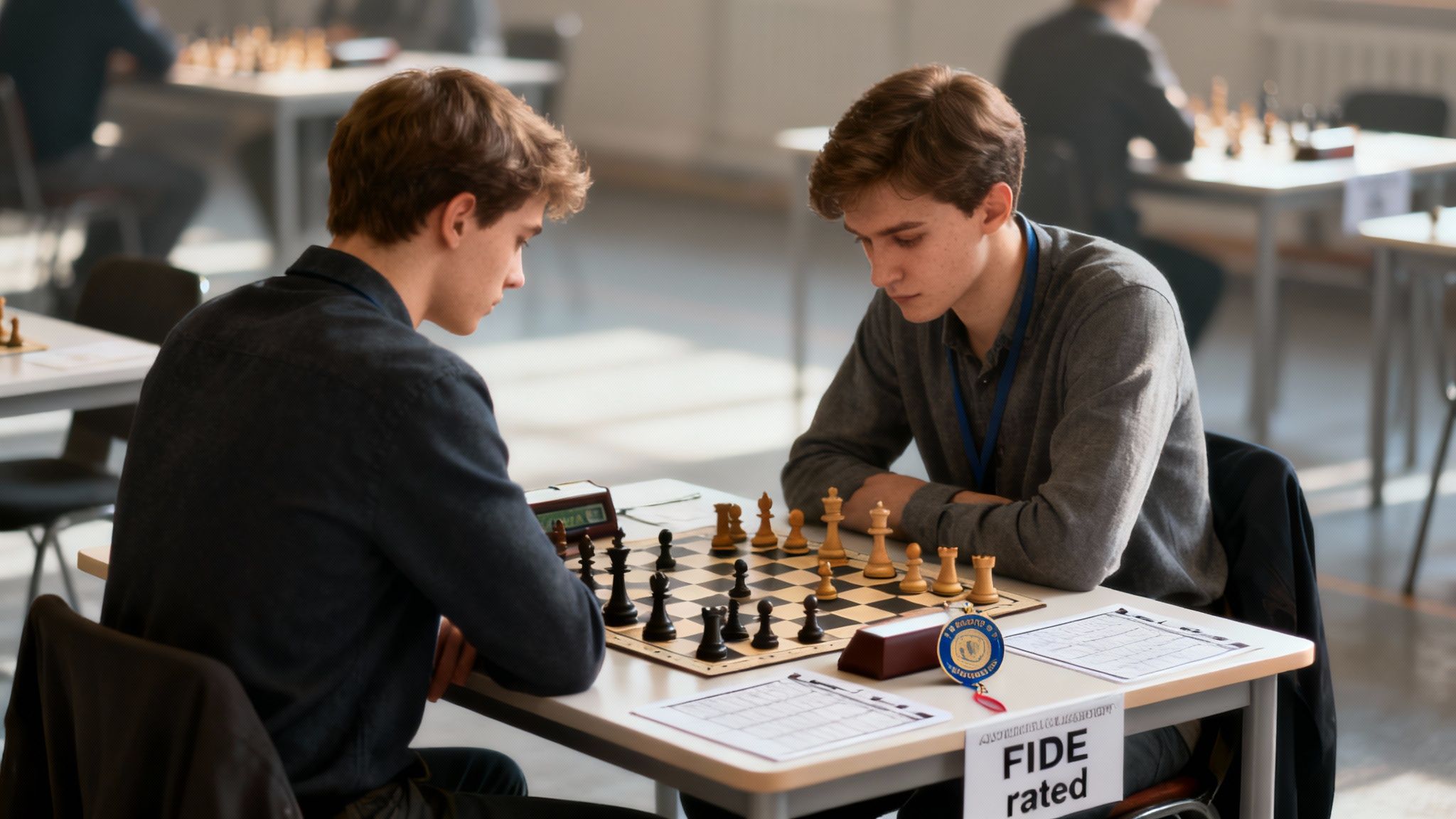 A focused young chess player contemplates a move during a serious tournament game.