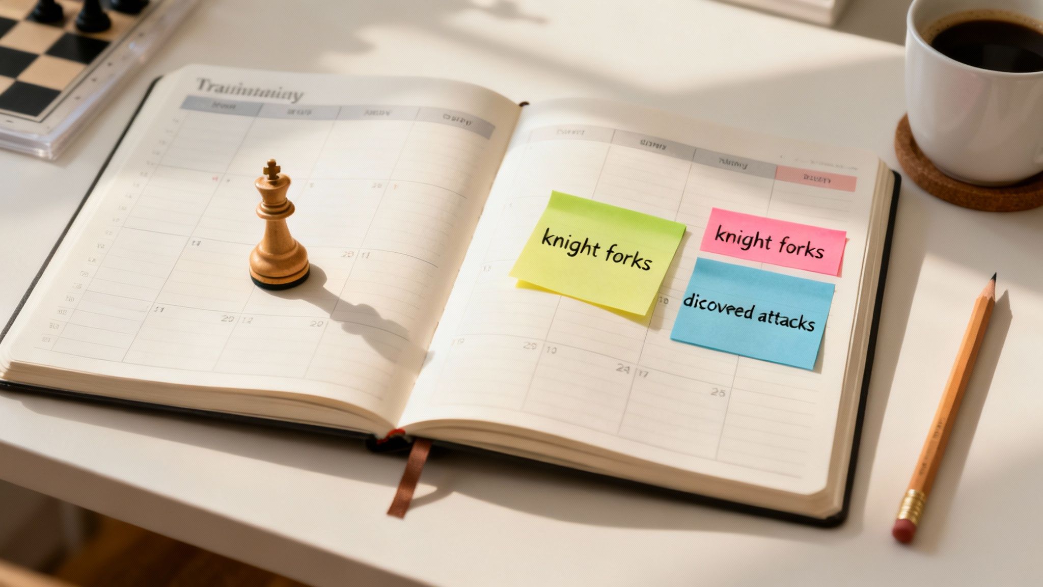 A chess king on an open planner with sticky notes listing chess tactics like 'knight forks' and 'discovered attacks'.