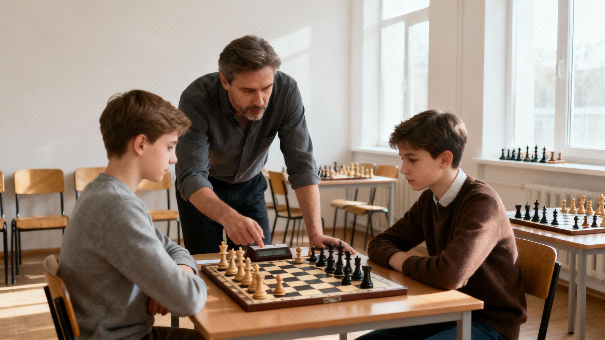 Chess instructor teaching two young students strategic moves during a training session