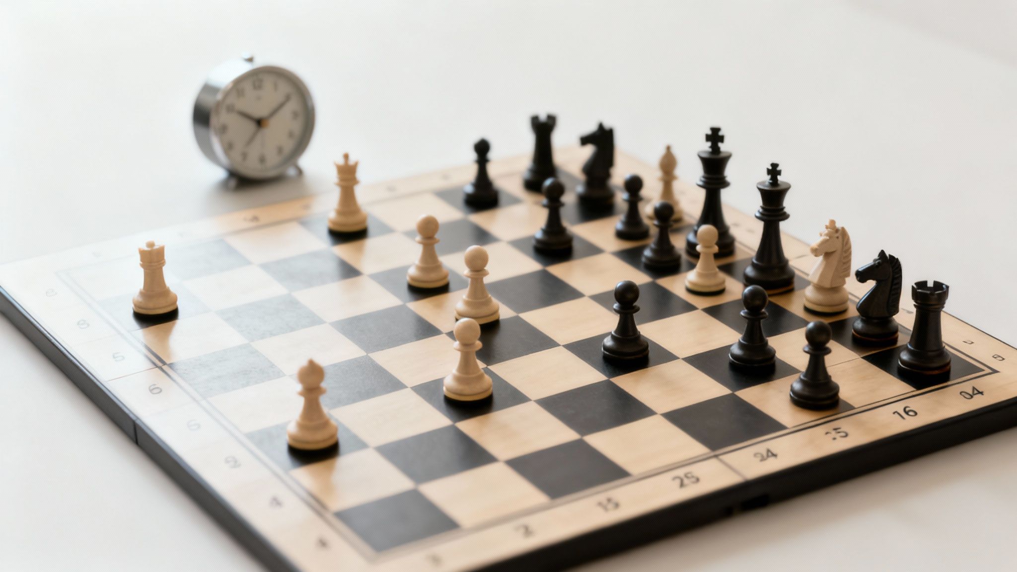 A close-up of a chess opening in progress, with pieces being developed logically in a centre of the board.