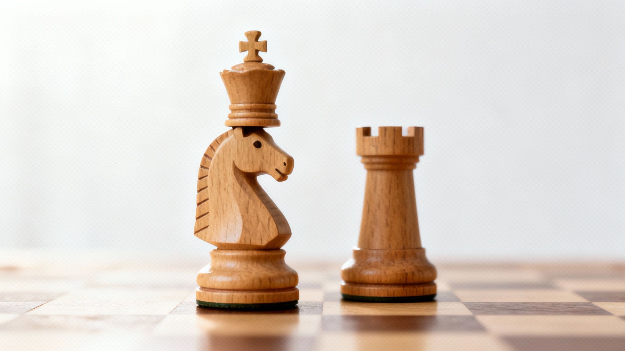 Wooden chess pieces including king on knight and rook on chessboard demonstrating strategic gameplay