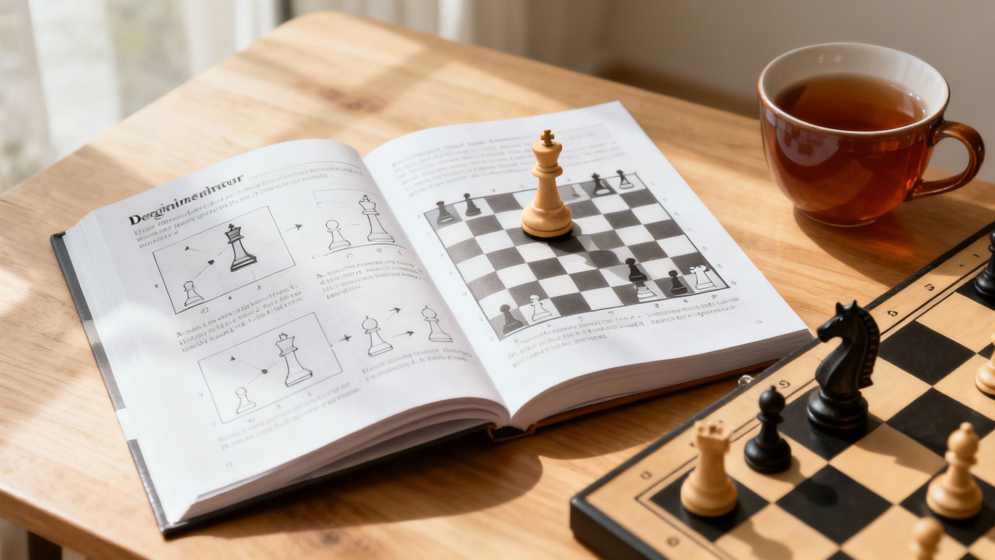 A person carefully studying a chess book with a chessboard set up next to them.