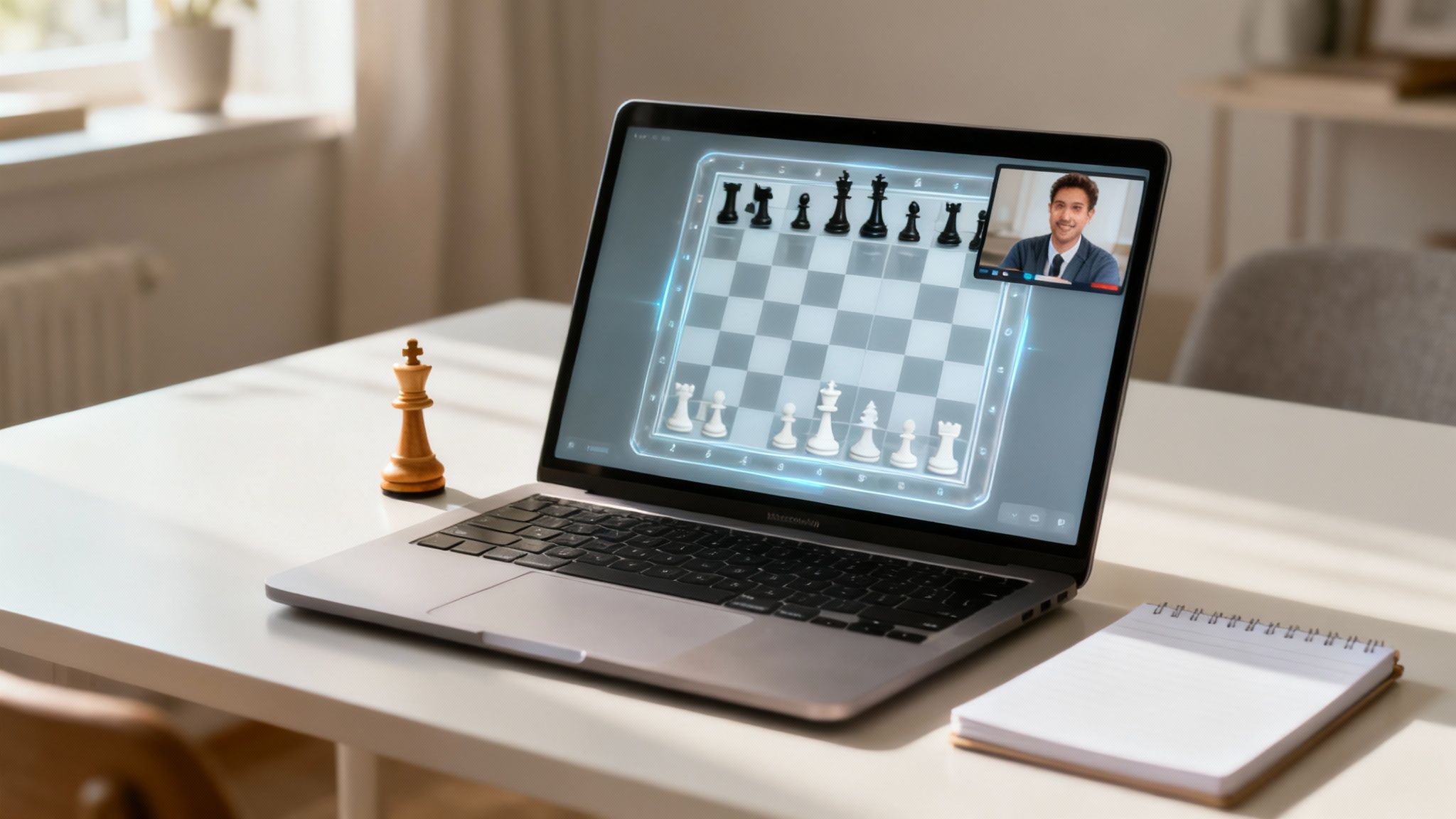 A person playing chess online with a coach visible on the screen.
