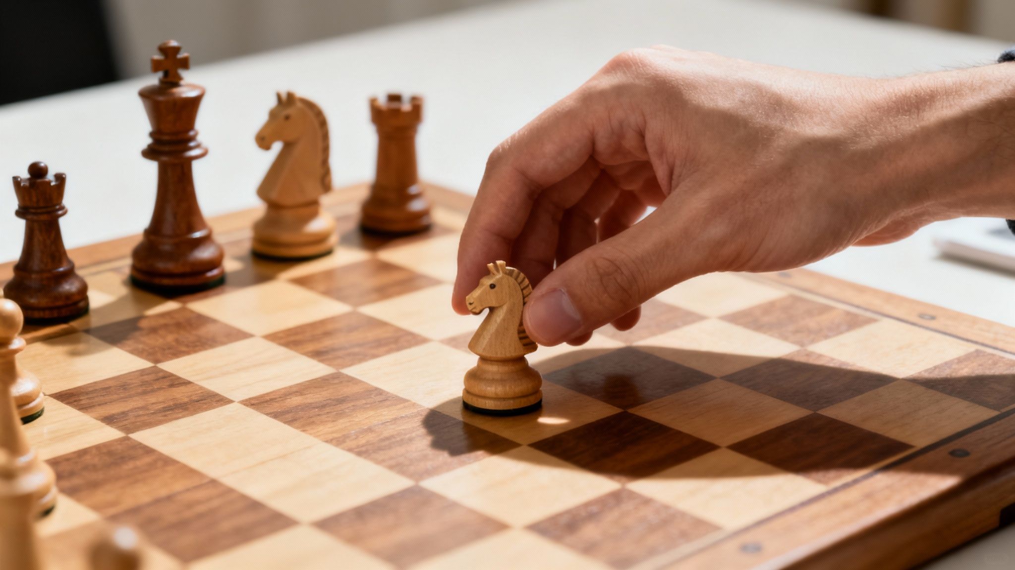A tense middlegame position on a chessboard, with pieces clashing in the centre.