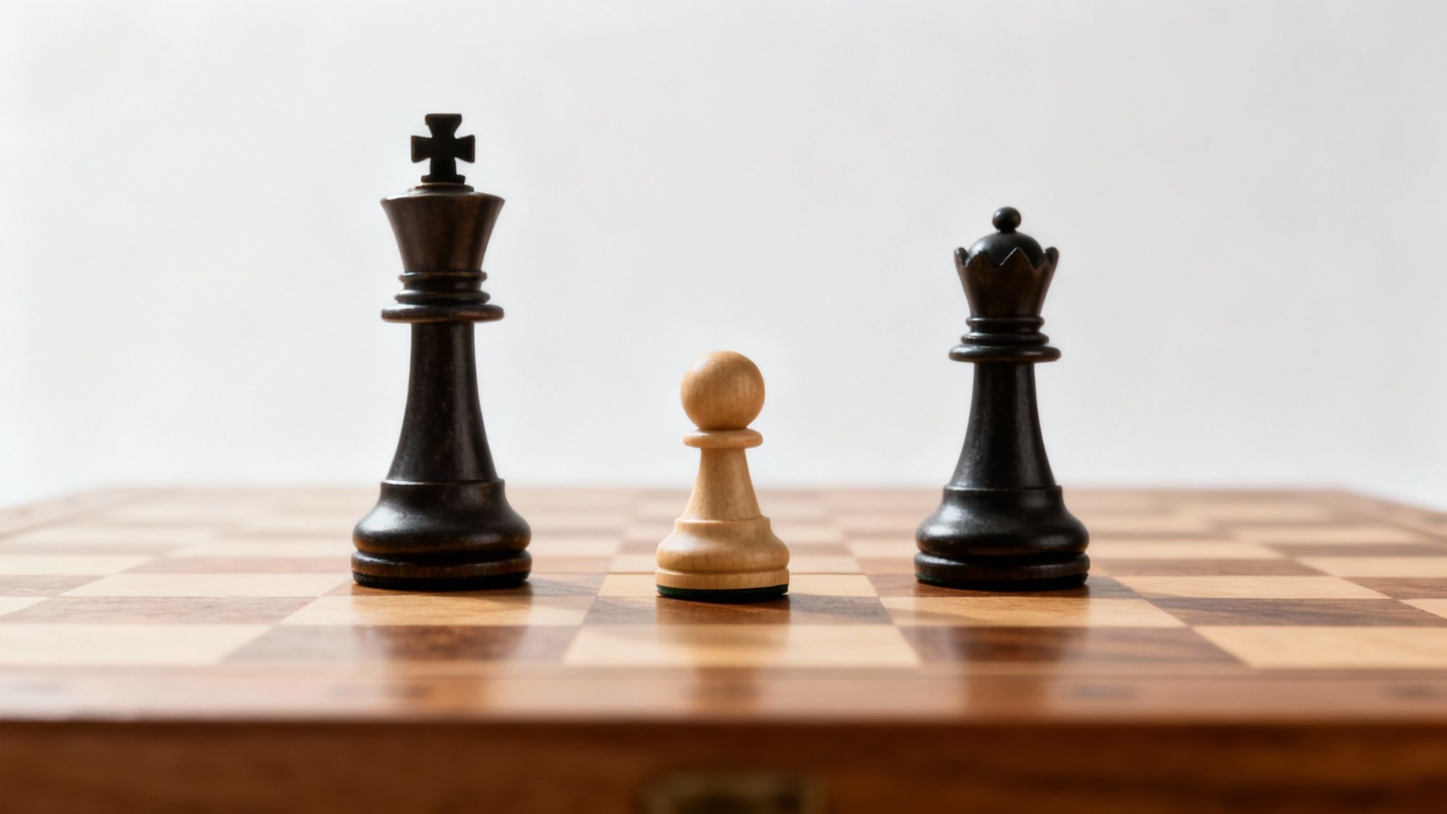 Three chess pieces on wooden board showing black king, queen and white pawn in strategic position