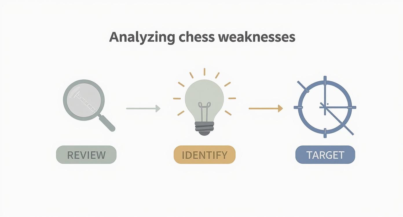 Three-step process diagram showing review, identify, and target stages for analyzing chess game weaknesses