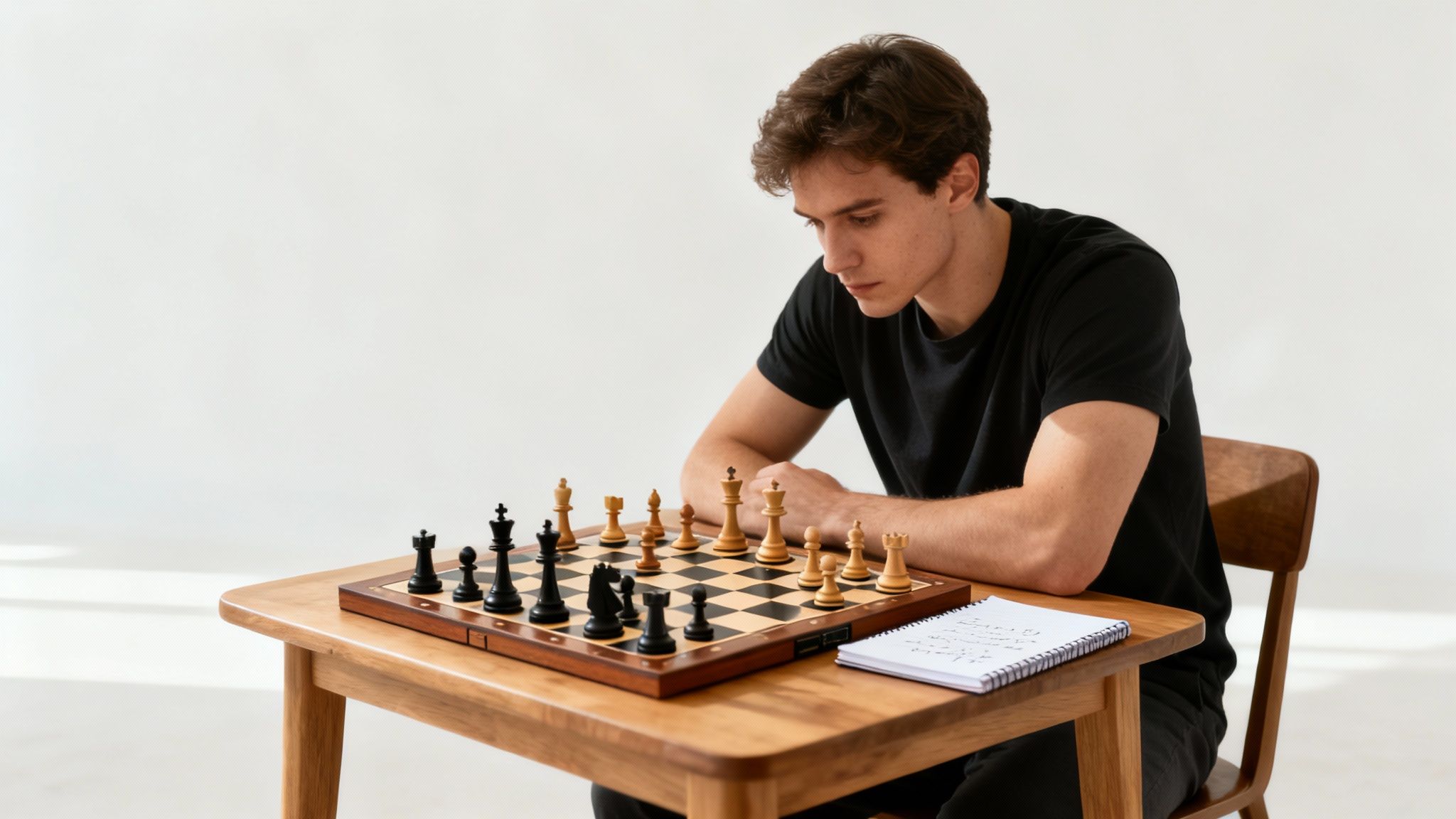 Young man concentrating while playing chess and analyzing moves with notebook beside board