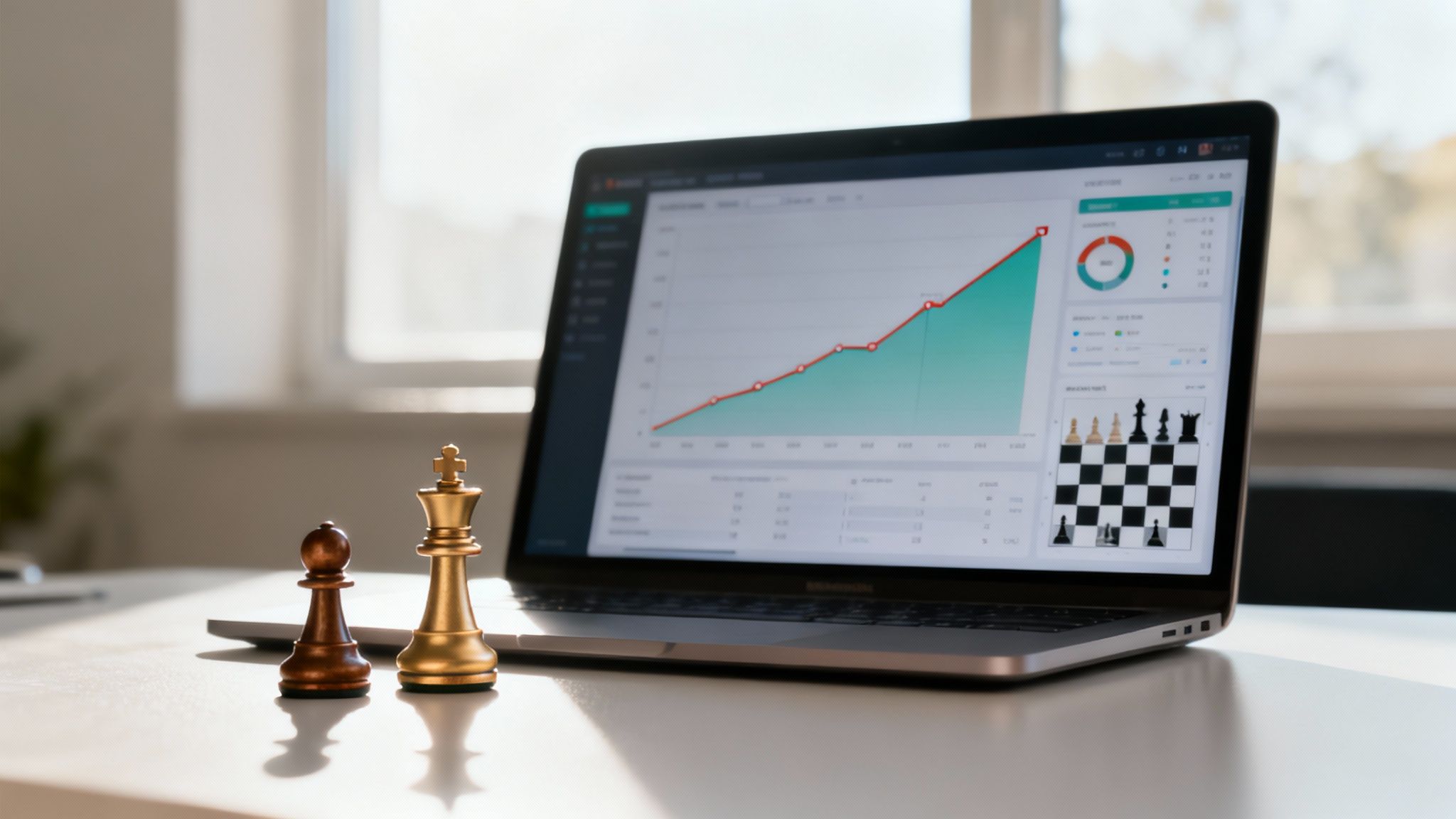 A laptop displaying a rising graph and an online chess game, with a pawn and golden king.