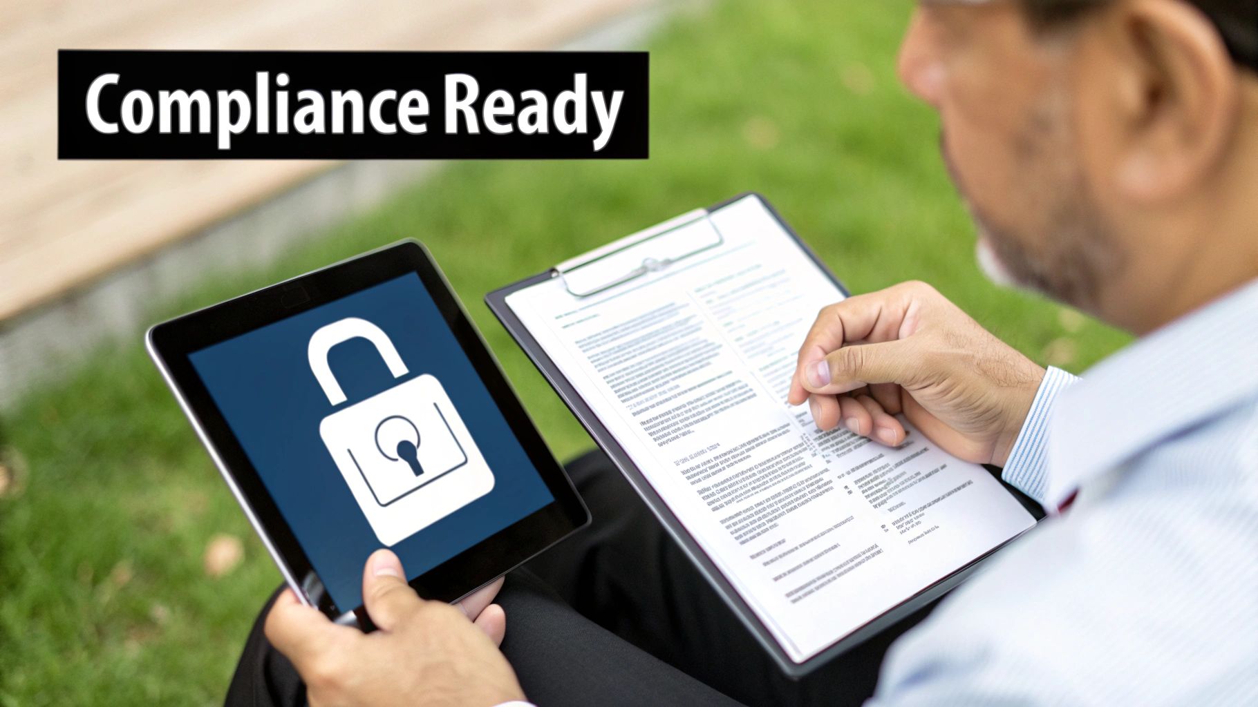Man holding a tablet with a padlock icon and a clipboard, symbolizing compliance and data security.