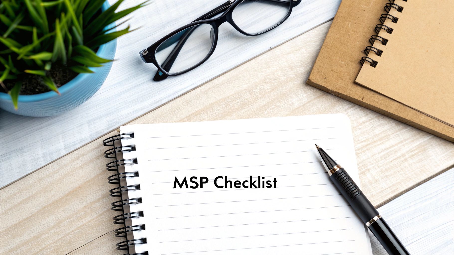 A top-down view of a desk with a plant, glasses, pen, and a notebook titled 'MSP Checklist'.