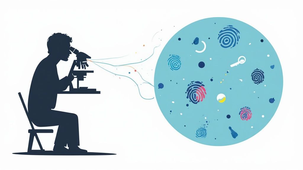 Scientist looking through a microscope, analyzing microscopic data represented by fingerprints in a blue sphere.