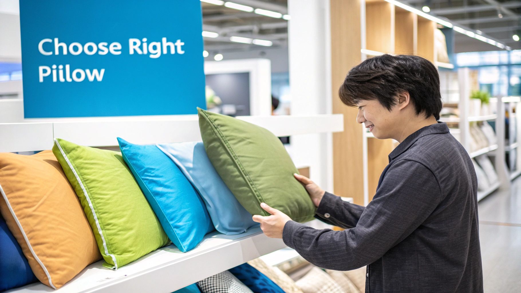 A person comfortably sleeping on their side with a supportive memory foam pillow.