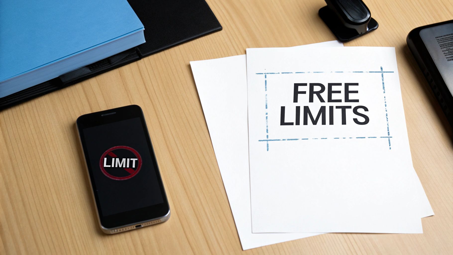 Free limits text on paper with smartphone showing limit warning on wooden desk workspace