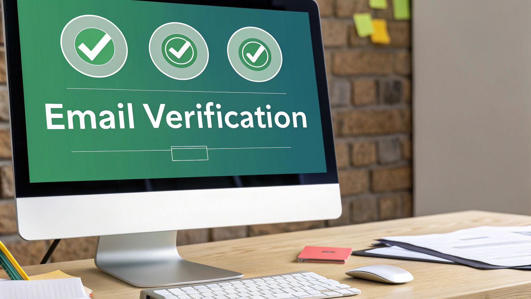 Modern computer screen showing "Email Verification" with three green checkmarks on an office desk.