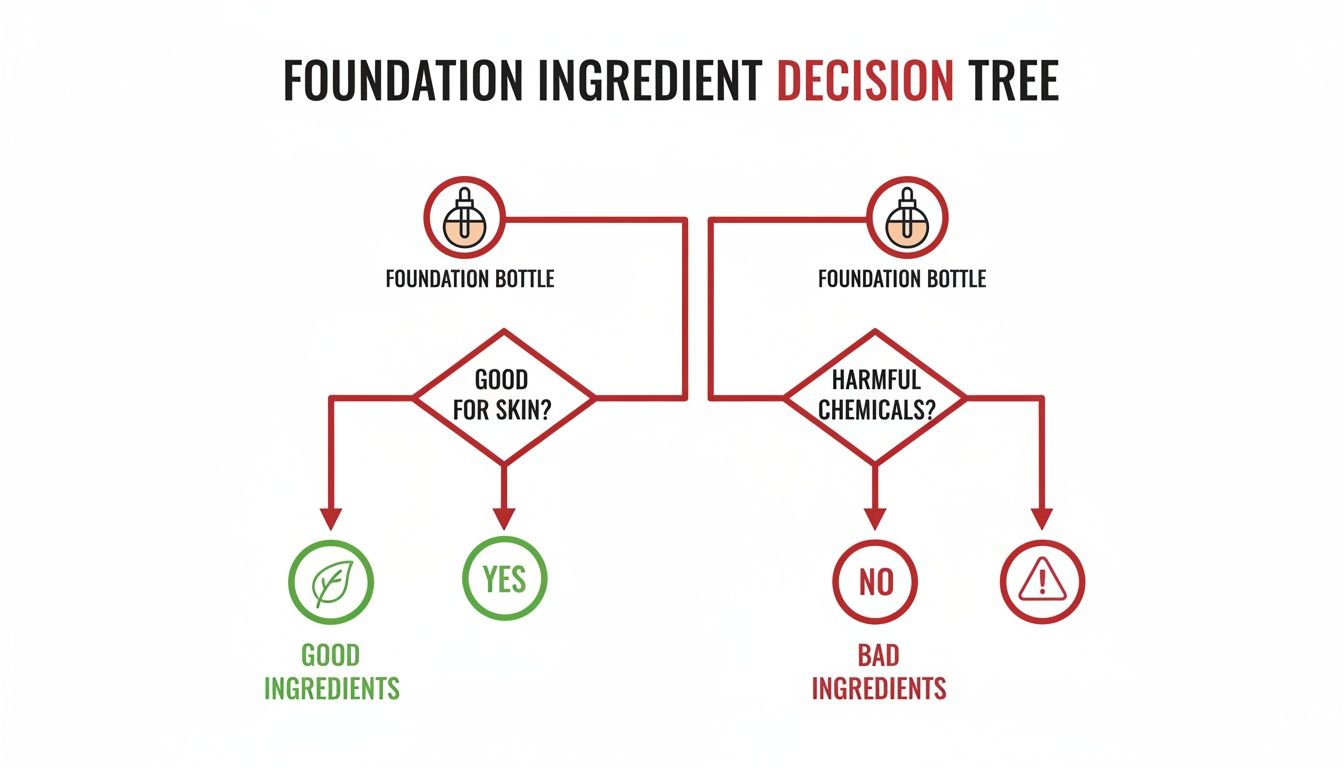 A flowchart illustrating a foundation ingredient decision tree, evaluating for good or harmful components for skin health.