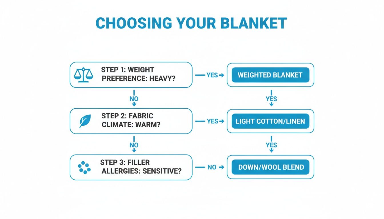 A flowchart illustrating steps to choose a blanket based on weight, climate, and allergies.