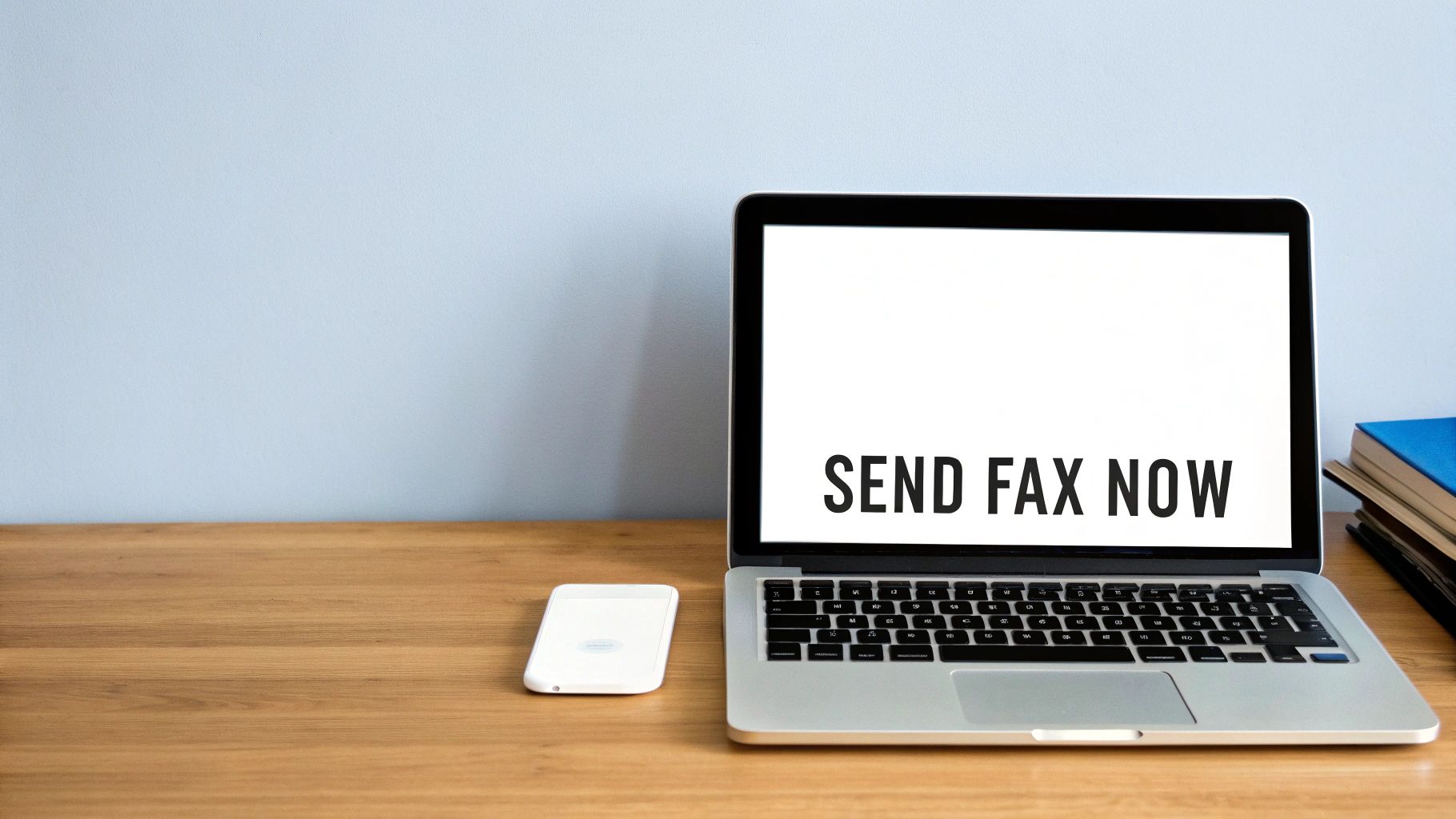 A laptop displaying "SEND FAX NOW" alongside a smartphone on a wooden desk with books, representing digital communication.