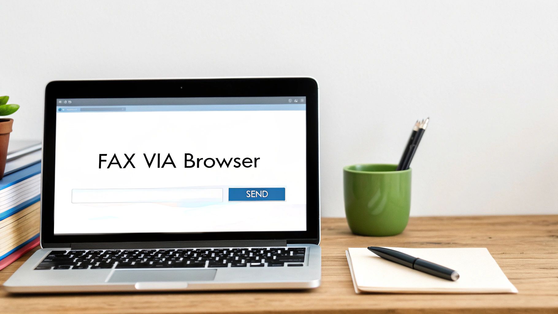 A laptop on a wooden desk displays 'FAX VIA Browser' with a send button, alongside office supplies.