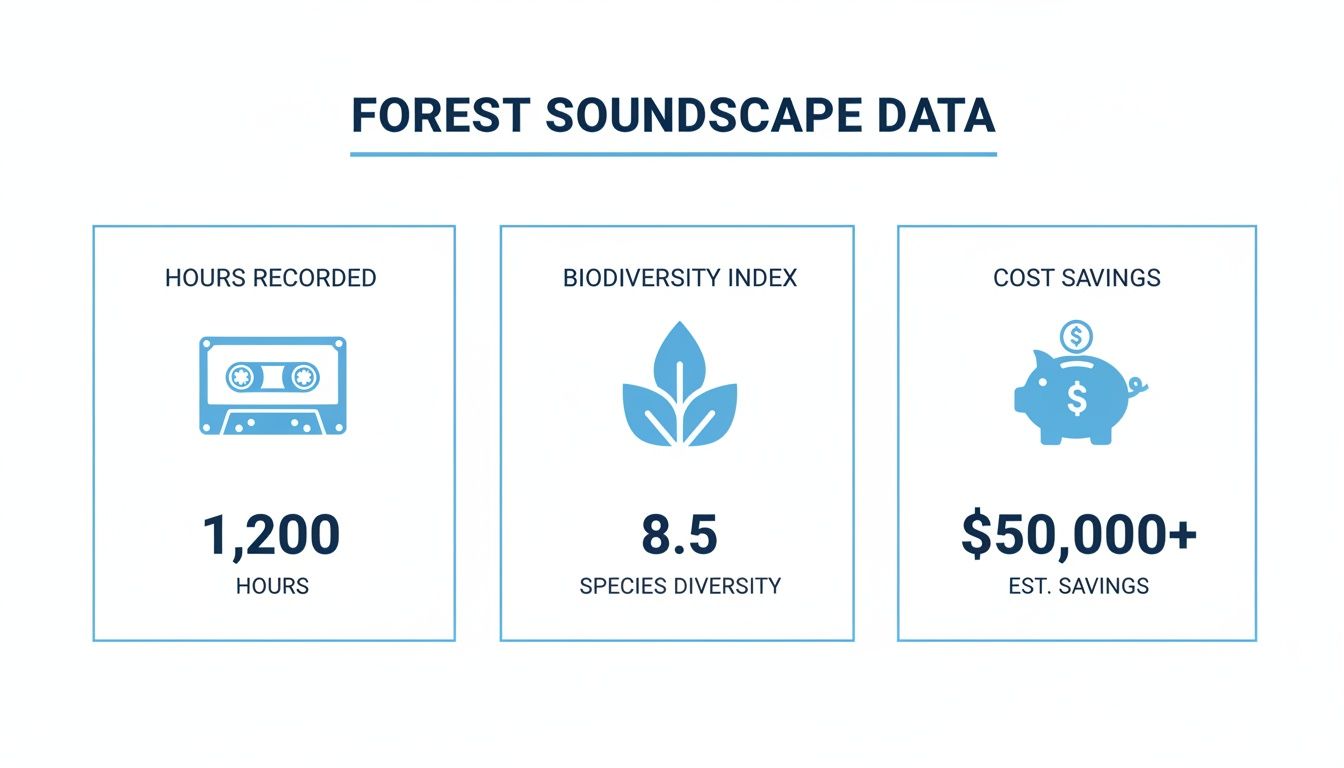 Infographic showing forest soundscape data with 1200 hours recorded, 8.5 biodiversity index, and $50,000+ estimated savings.