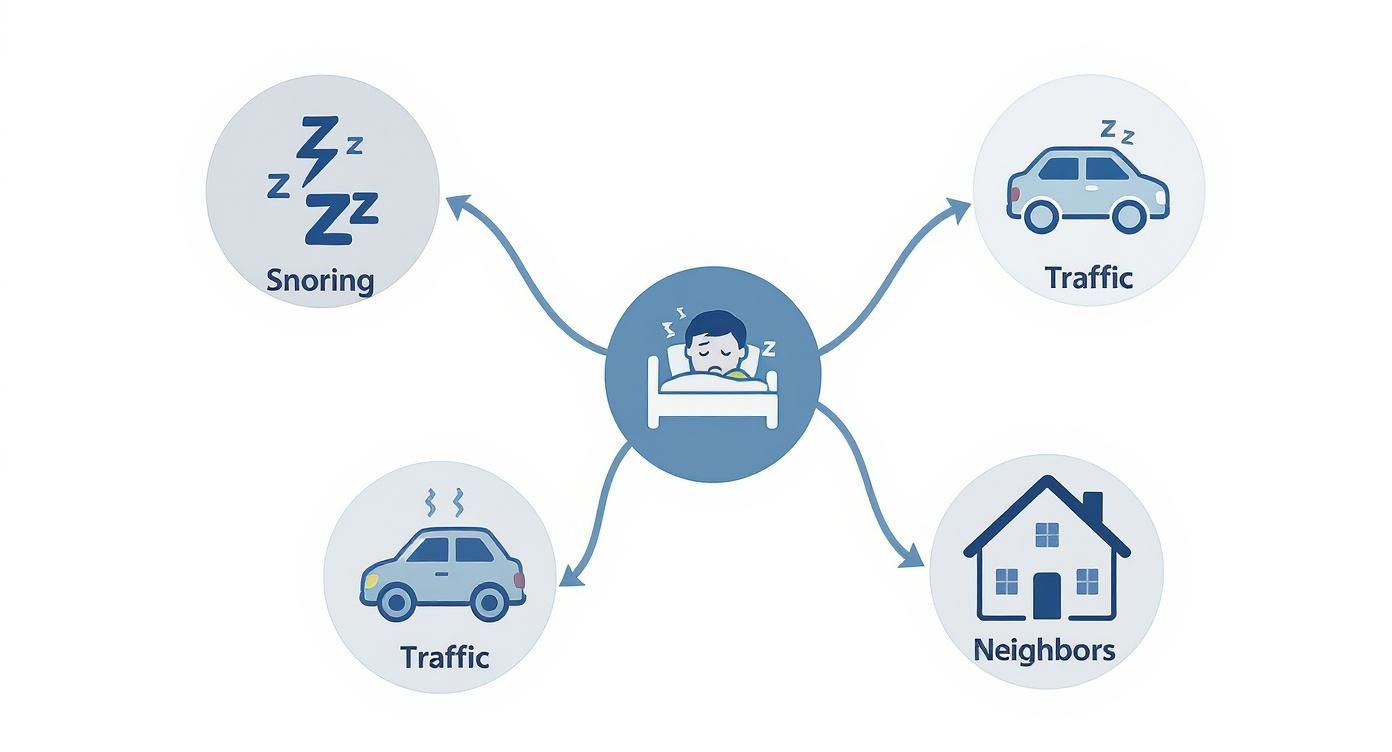Diagram showing common sleep disturbances including snoring, traffic noise, and noisy neighbors affecting person in bed